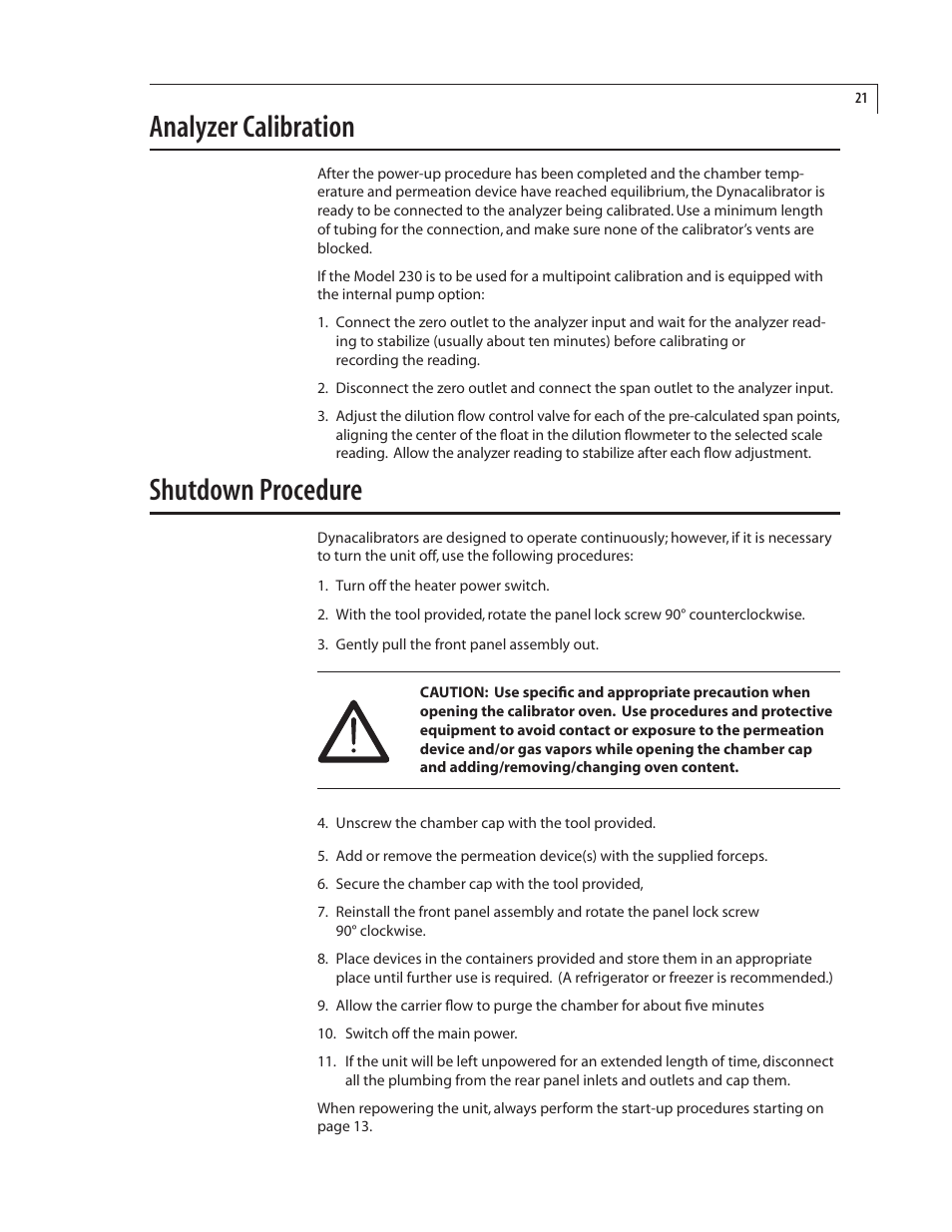 Analyzer calibration, Shutdown procedure | VICI 230 Dynacalibrator User Manual | Page 25 / 42