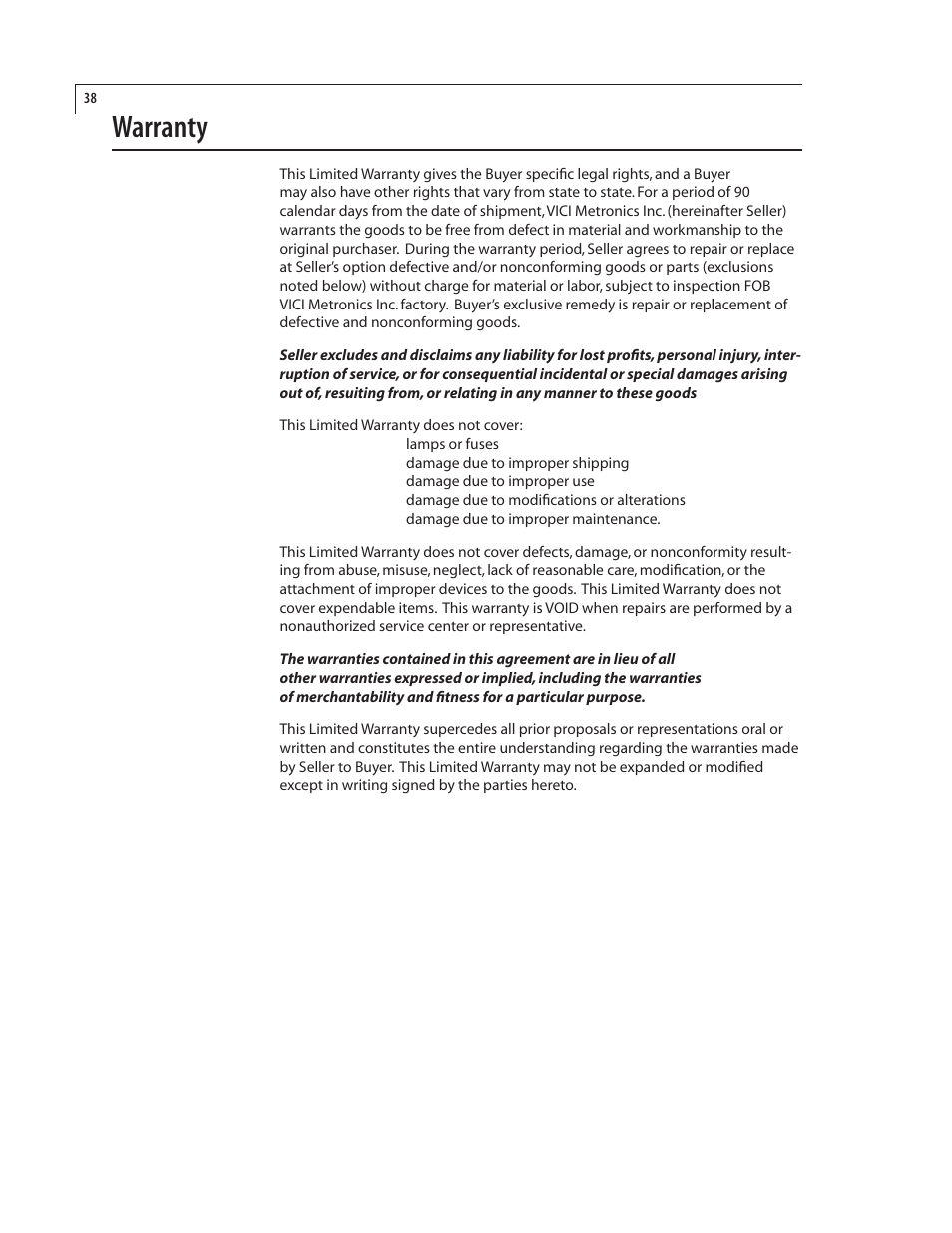 Warranty | VICI 230 Dynacalibrator User Manual | Page 42 / 42