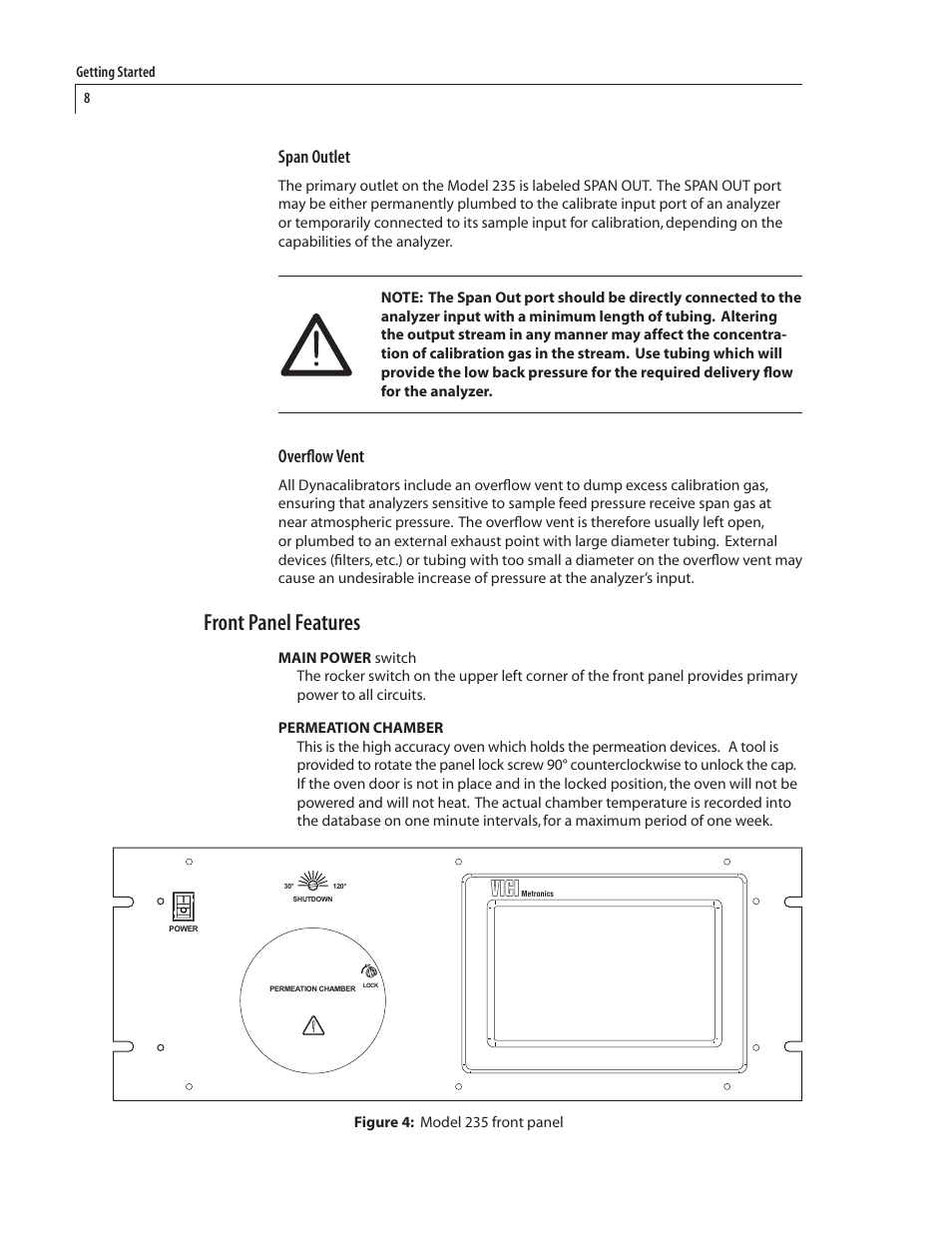 Front panel features, Span outlet, Overflow vent | VICI 235 Dynacalibrator User Manual | Page 12 / 31