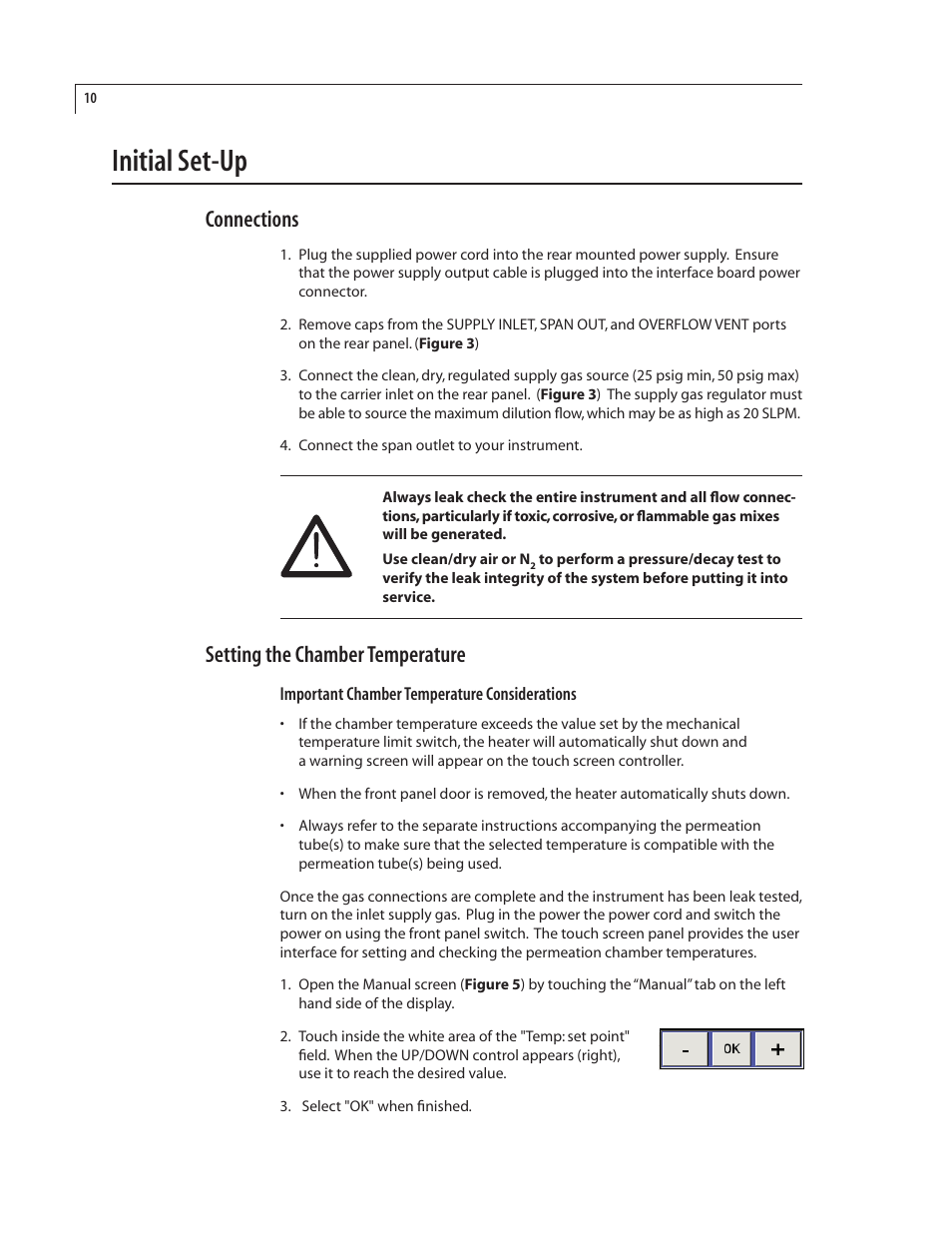 Initial set-up, Connections, Setting the chamber temperature | VICI 235 Dynacalibrator User Manual | Page 14 / 31