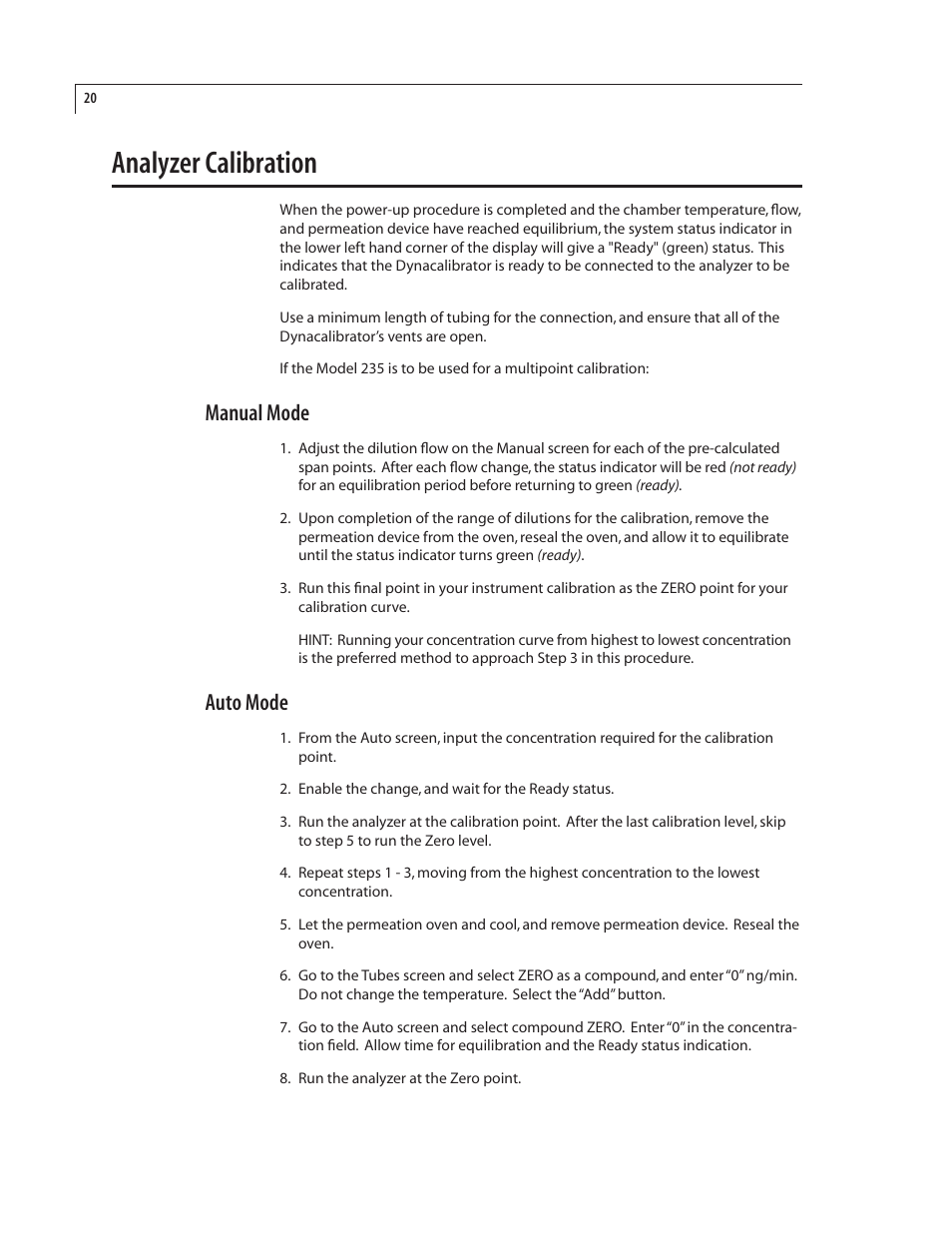 Analyzer calibration, Manual mode, Auto mode | VICI 235 Dynacalibrator User Manual | Page 24 / 31