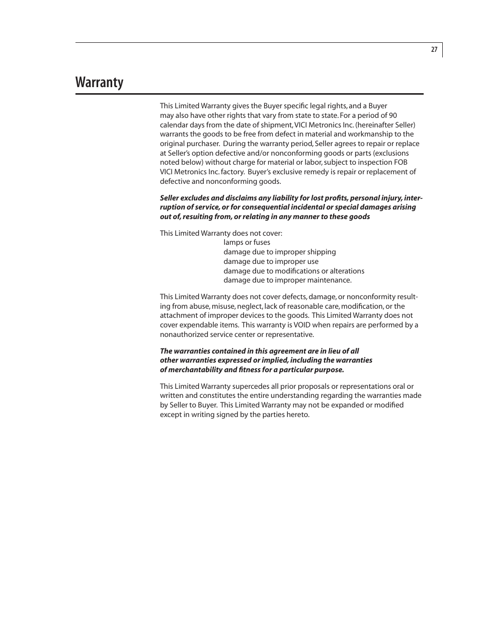 Warranty | VICI 235 Dynacalibrator User Manual | Page 31 / 31