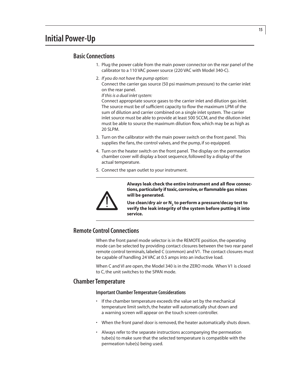 Initial power-up, Basic connections, Remote control connections | Chamber temperature | VICI 340 Dynacalibrator User Manual | Page 19 / 44