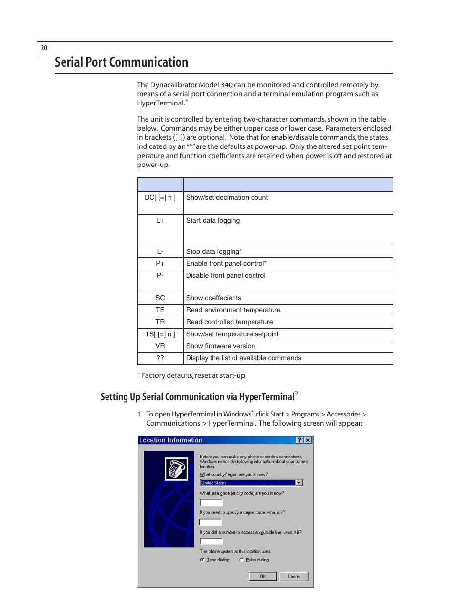 Serial port communication, Setting up serial communication via hyperterminal | VICI 340 Dynacalibrator User Manual | Page 24 / 44