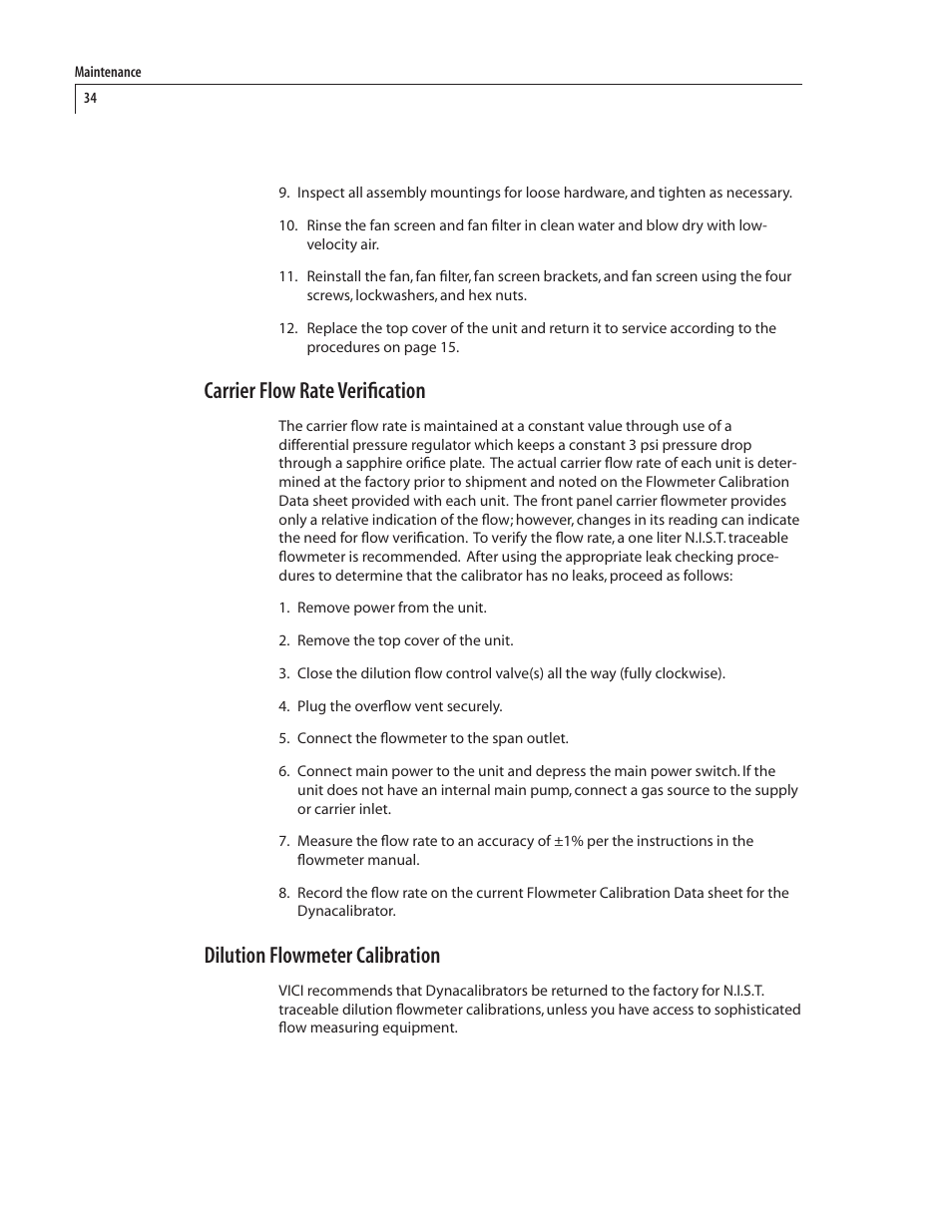 Carrier flow rate verification, Dilution flowmeter calibration | VICI 340 Dynacalibrator User Manual | Page 38 / 44