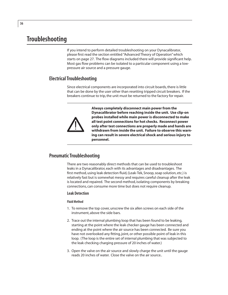 Troubleshooting, Electrical troubleshooting, Pneumatic troubleshooting | VICI 340 Dynacalibrator User Manual | Page 40 / 44