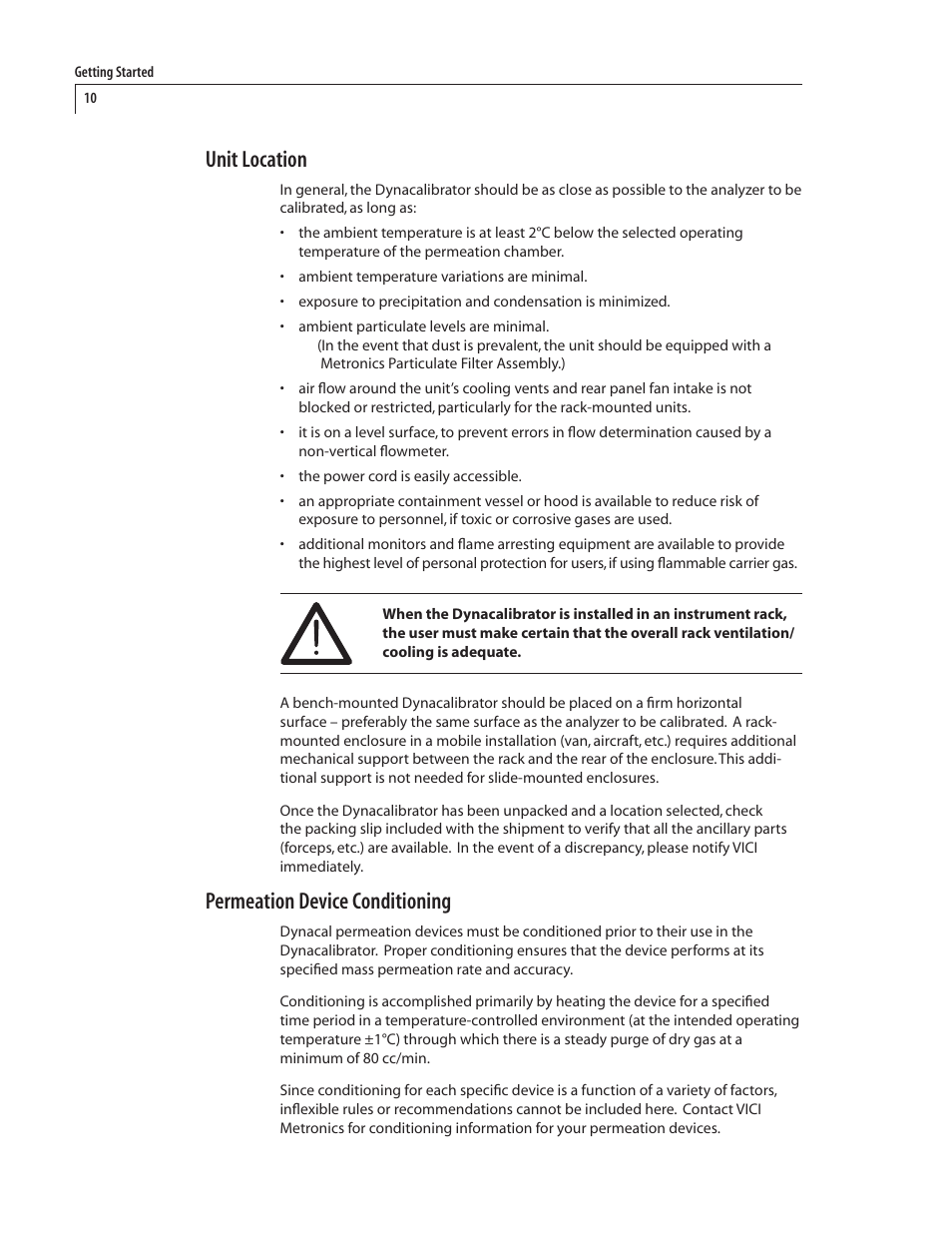 Unit location, Permeation device conditioning | VICI 450 Dynacalibrator User Manual | Page 14 / 44
