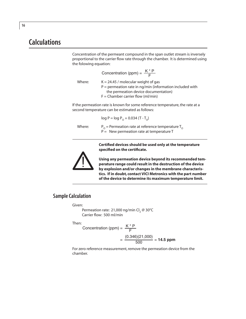 Calculations, Sample calculation | VICI 450 Dynacalibrator User Manual | Page 20 / 44