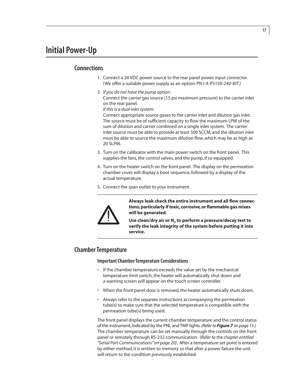 Initial power-up, Connections, Chamber temperature | VICI 450 Dynacalibrator User Manual | Page 21 / 44