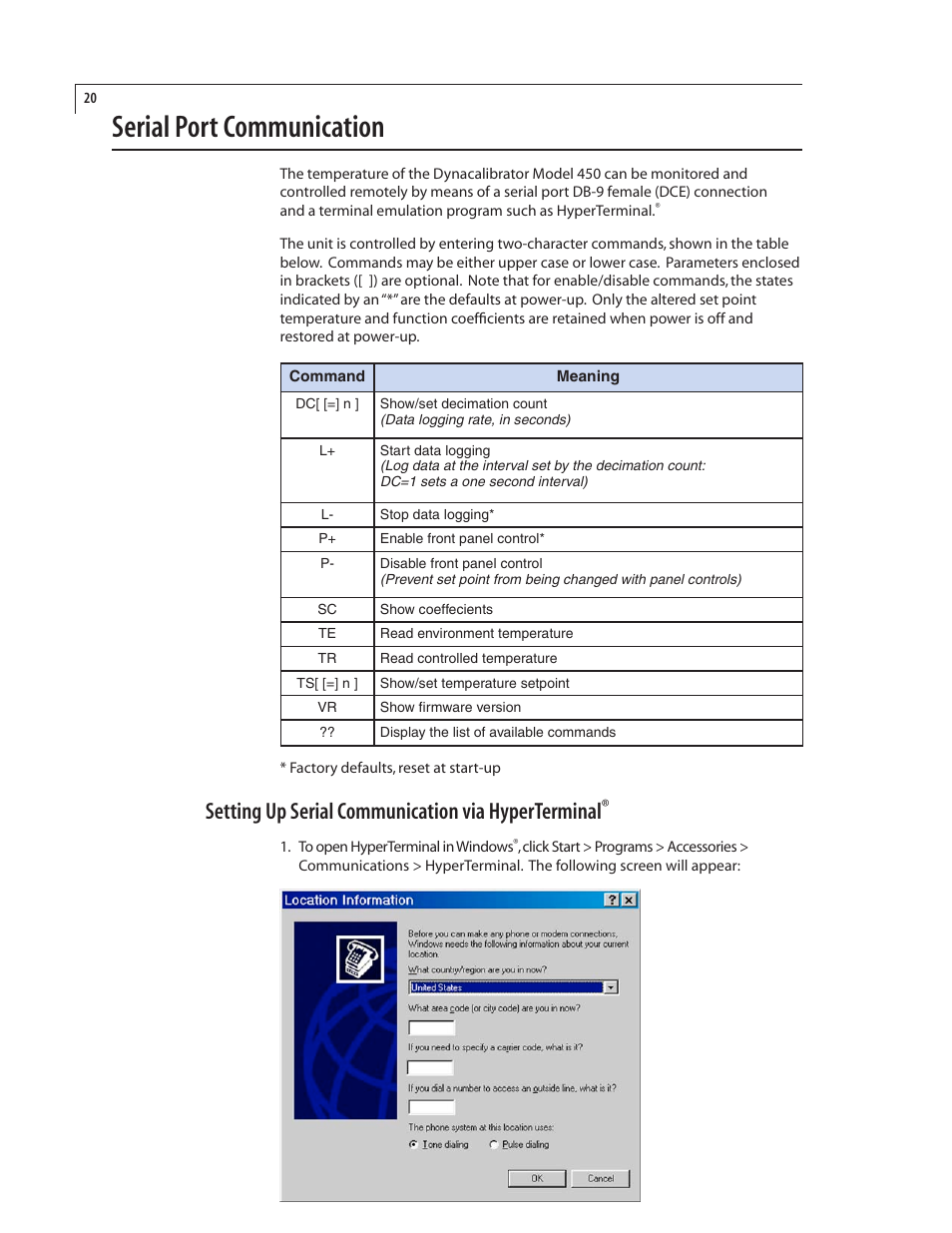Serial port communication, Setting up serial communication via hyperterminal | VICI 450 Dynacalibrator User Manual | Page 24 / 44
