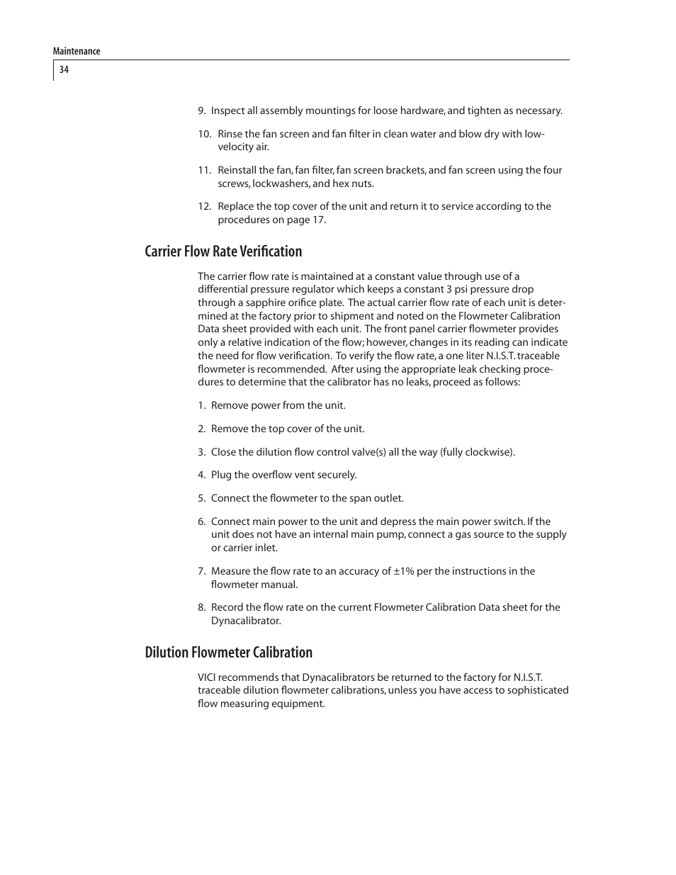 Carrier flow rate verification, Dilution flowmeter calibration | VICI 450 Dynacalibrator User Manual | Page 38 / 44