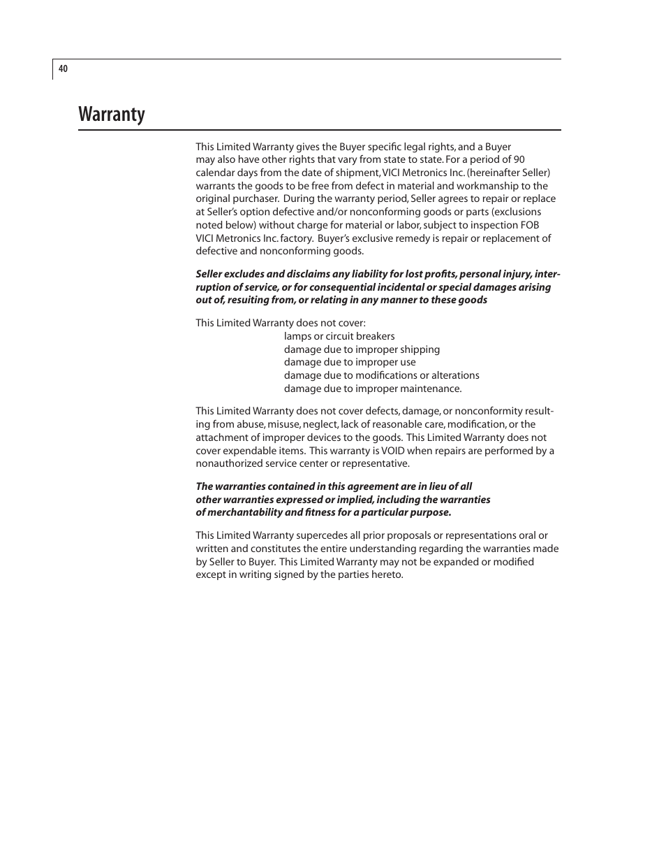 Warranty | VICI 450 Dynacalibrator User Manual | Page 44 / 44