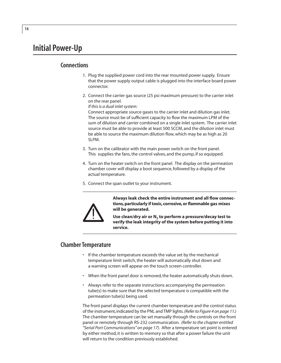 Initial power-up, Connections, Chamber temperature | VICI 500 Dynacalibrator User Manual | Page 18 / 37