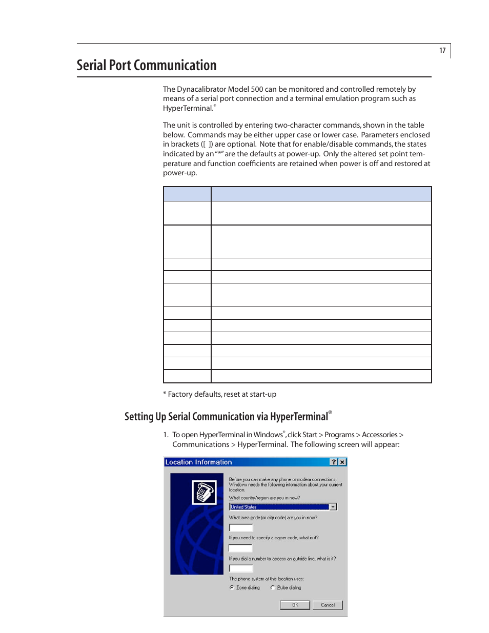 Serial port communication, Setting up serial communication via hyperterminal | VICI 500 Dynacalibrator User Manual | Page 21 / 37