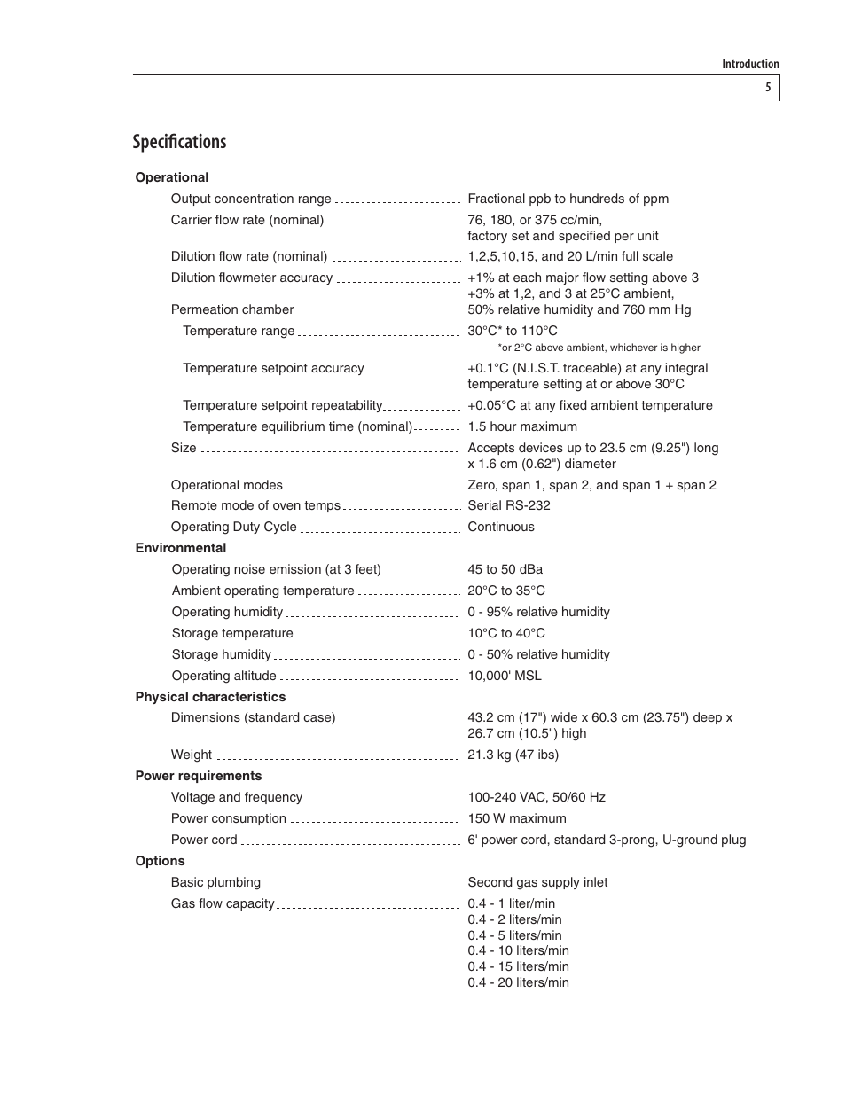 Specifications | VICI 500 Dynacalibrator User Manual | Page 9 / 37