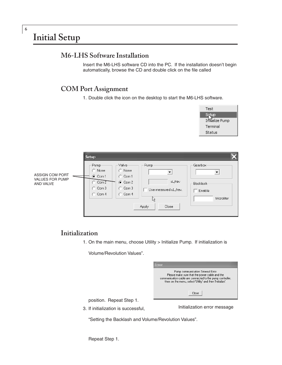 Initial setup, M6-lhs software installation, Com port assignment | Initialization | VICI M Series User Manual | Page 10 / 34