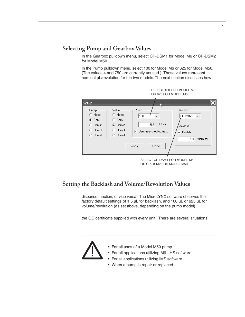 Selecting pump and gearbox values, Setting the backlash and volume/revolution values | VICI M Series User Manual | Page 11 / 34