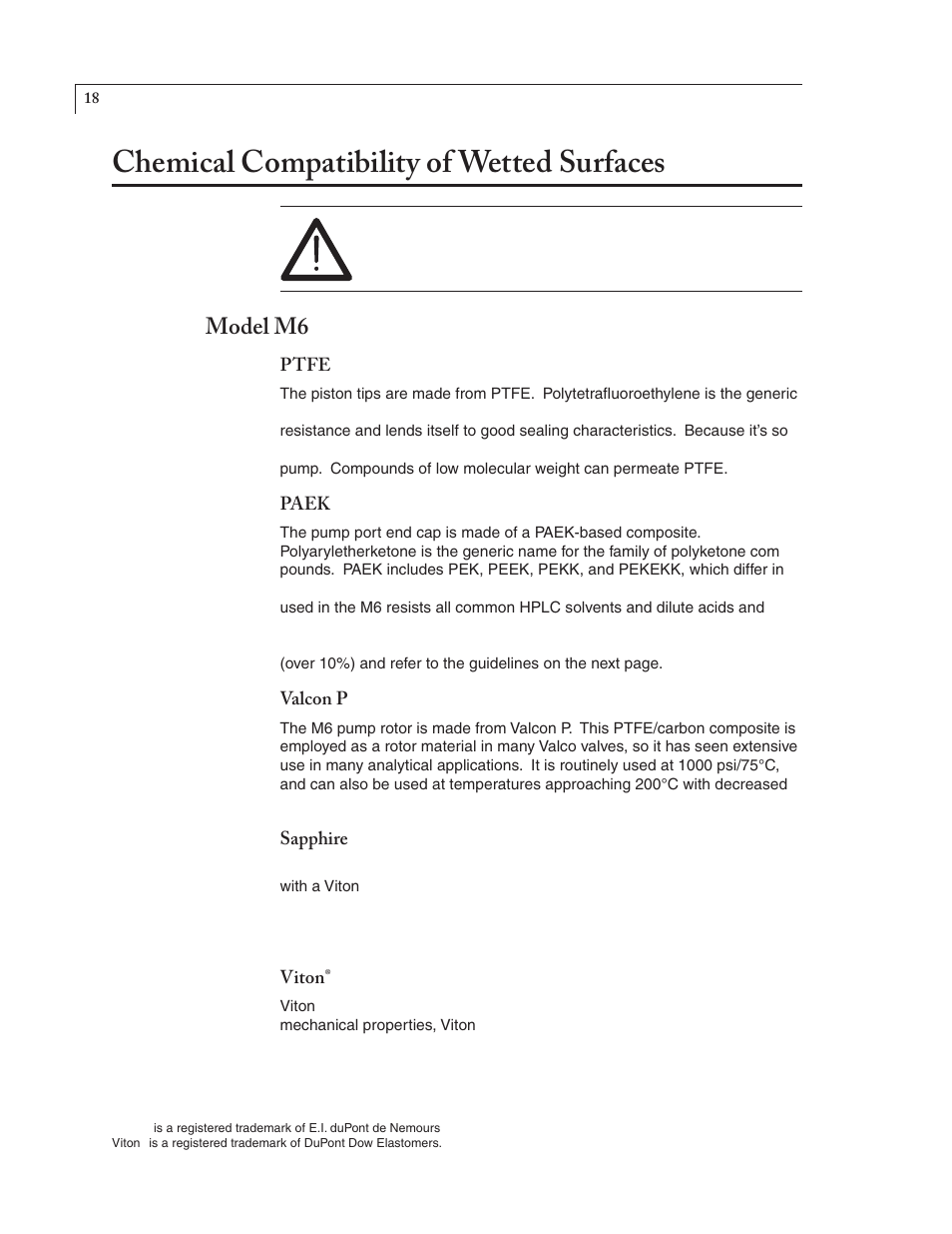 Chemical compatibility of wetted surfaces, Model m6, Ptfe | Paek, Valcon p, Sapphire, Viton | VICI M Series User Manual | Page 22 / 34