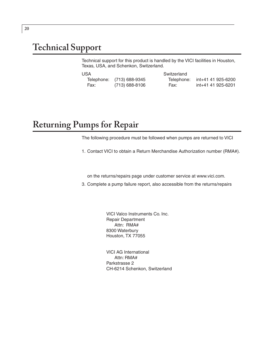Technical support, Returning pumps for repair | VICI M Series User Manual | Page 24 / 34