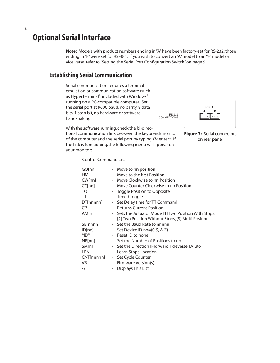 Optional serial interface, Establishing serial communication | VICI EUT Universal Electric Actuator User Manual | Page 10 / 27