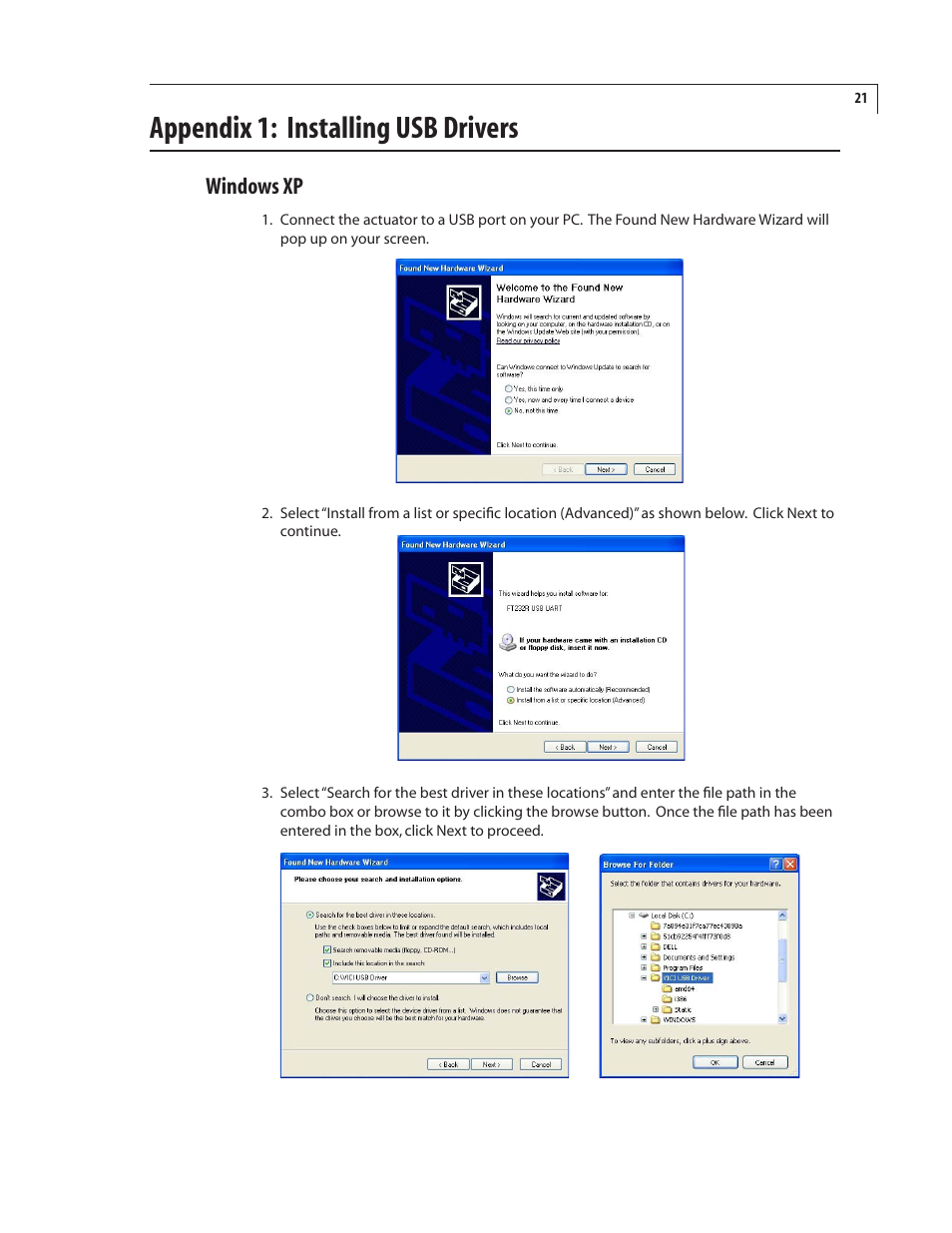 Appendix : installing usb drivers, Windows xp | VICI EUT Universal Electric Actuator User Manual | Page 25 / 27