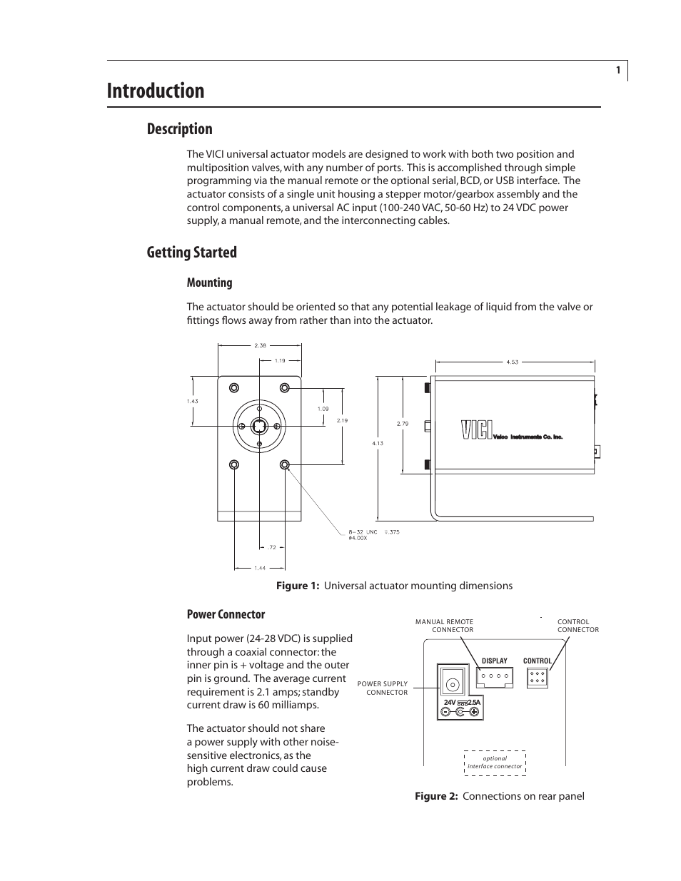 Introduction, Description, Getting started | Mounting, Power connector | VICI EUT Universal Electric Actuator User Manual | Page 5 / 27