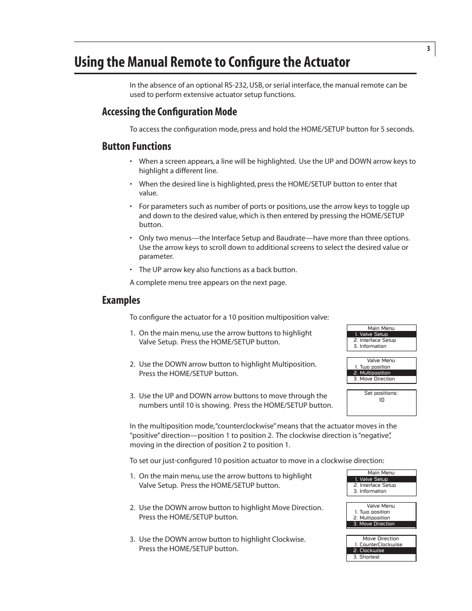 Using the manual remote to configure the actuator, Accessing the configuration mode, Button functions | Examples | VICI EUT Universal Electric Actuator User Manual | Page 7 / 27