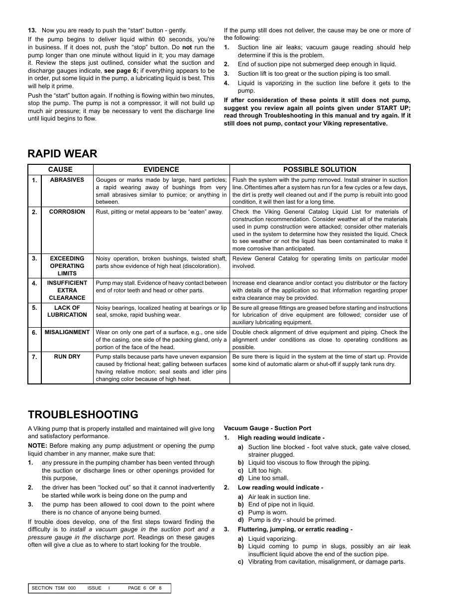 Troubleshooting, Rapid wear | Viking Pump TSM000: General Information User Manual | Page 6 / 8