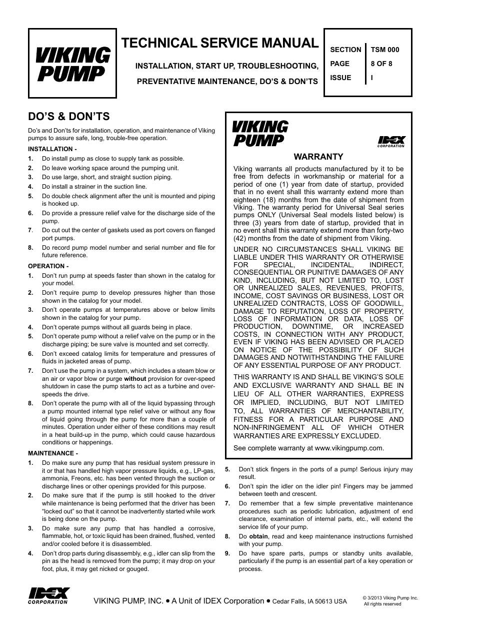 Technical service manual, Do’s & don’ts, Warranty | Viking Pump TSM000: General Information User Manual | Page 8 / 8