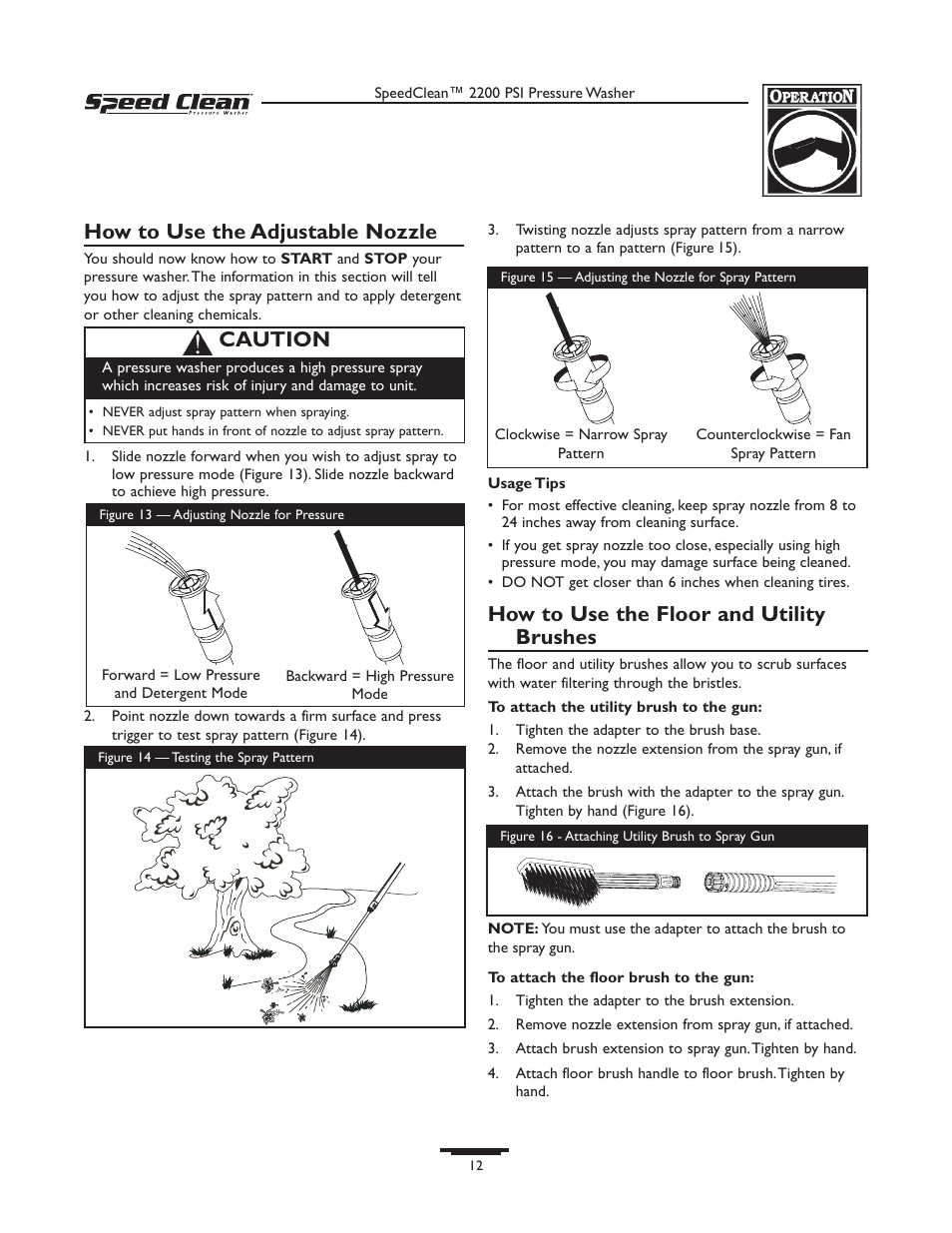 How to use the adjustable nozzle, How to use the floor and utility brushes, Caution | Briggs & Stratton 020261-0 User Manual | Page 12 / 36