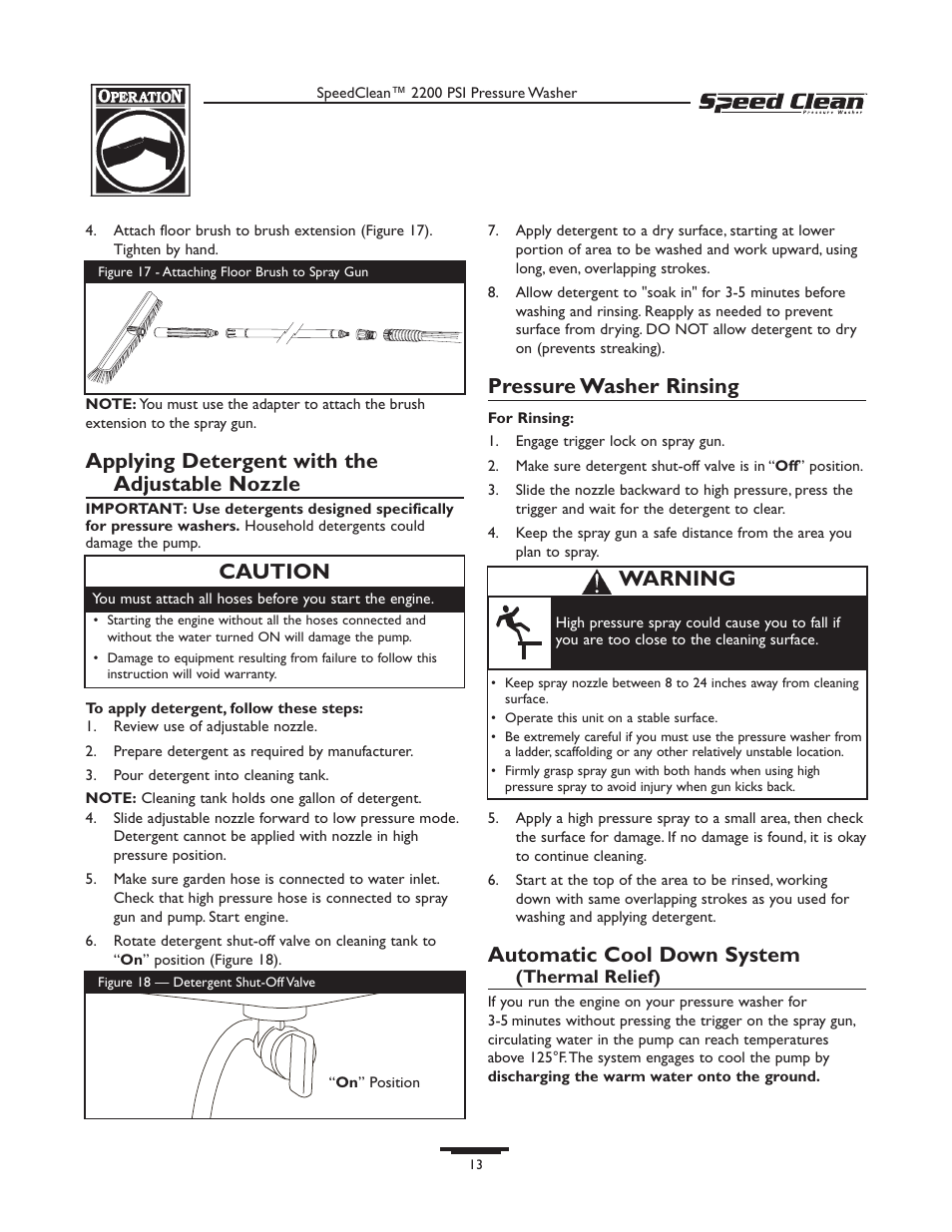 Applying detergent with the adjustable nozzle, Pressure washer rinsing, Automatic cool down system | Caution, Warning | Briggs & Stratton 020261-0 User Manual | Page 13 / 36