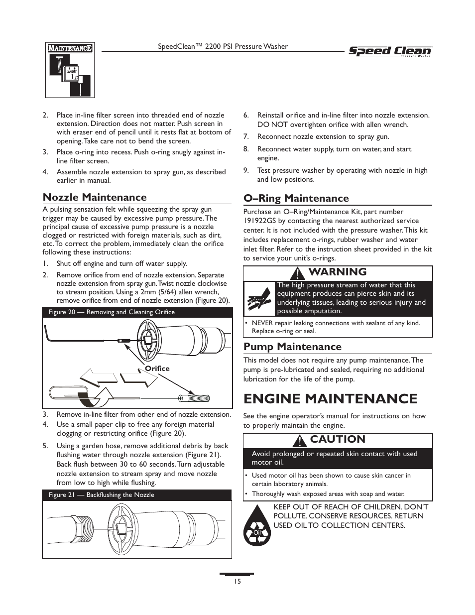 Engine maintenance, Nozzle maintenance, O–ring maintenance | Pump maintenance, Warning, Caution | Briggs & Stratton 020261-0 User Manual | Page 15 / 36