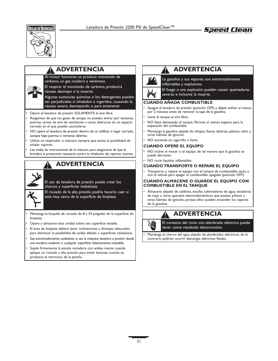 Advertencia | Briggs & Stratton 020261-0 User Manual | Page 21 / 36