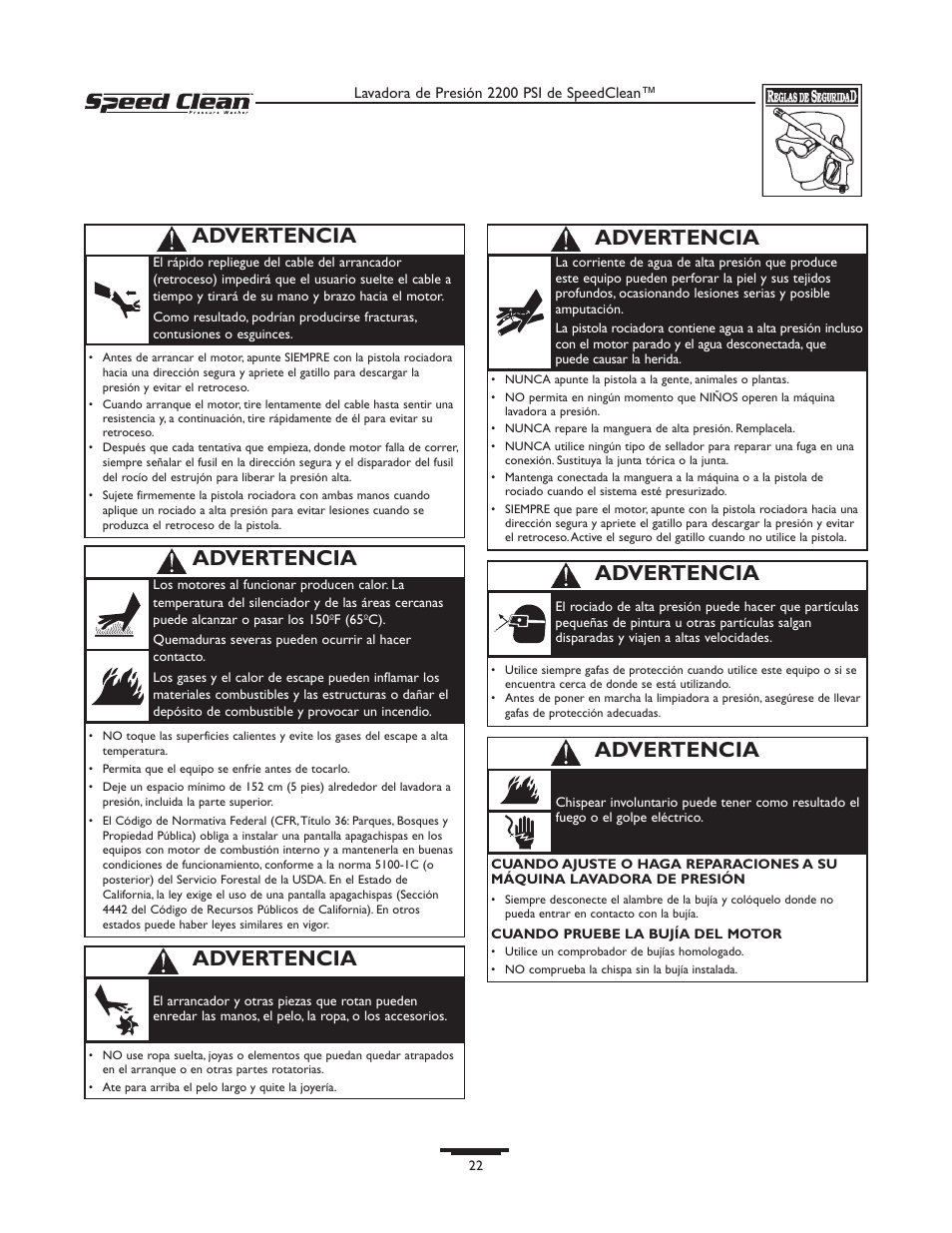 Advertencia | Briggs & Stratton 020261-0 User Manual | Page 22 / 36
