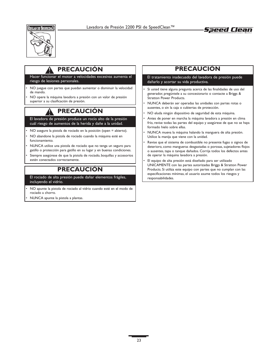 Precaución | Briggs & Stratton 020261-0 User Manual | Page 23 / 36