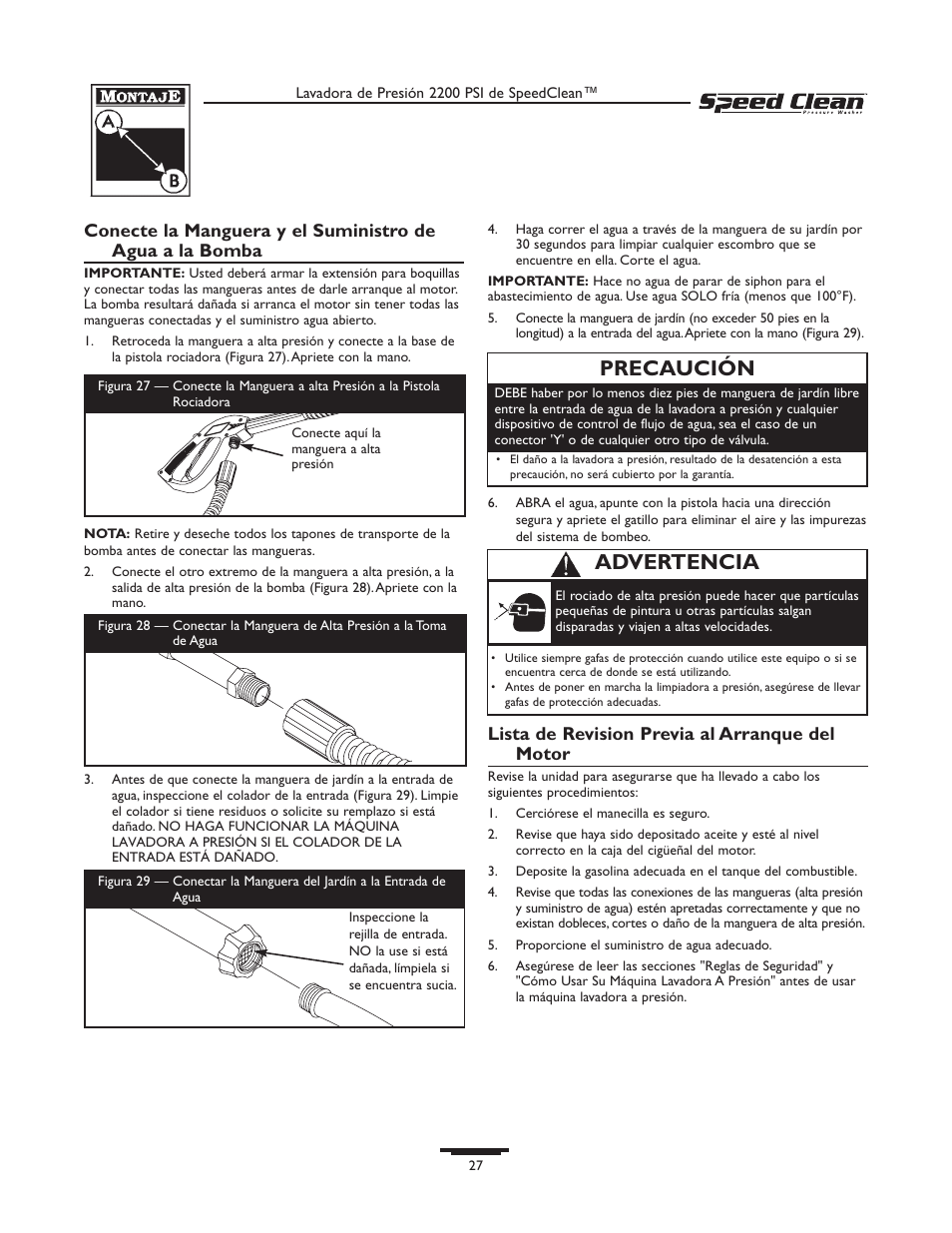 Precaución, Advertencia, Lista de revision previa al arranque del motor | Briggs & Stratton 020261-0 User Manual | Page 27 / 36