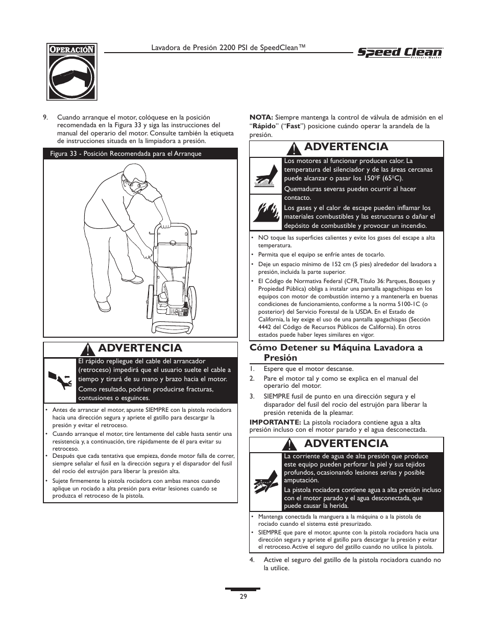 Advertencia, Cómo detener su máquina lavadora a presión | Briggs & Stratton 020261-0 User Manual | Page 29 / 36