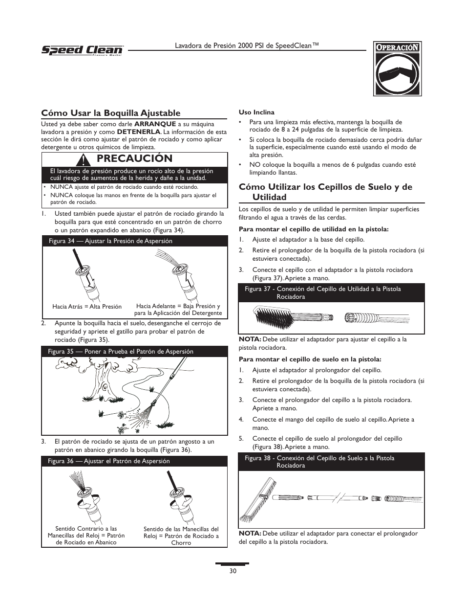 Precaución, Cómo usar la boquilla ajustable, Cómo utilizar los cepillos de suelo y de utilidad | Briggs & Stratton 020261-0 User Manual | Page 30 / 36