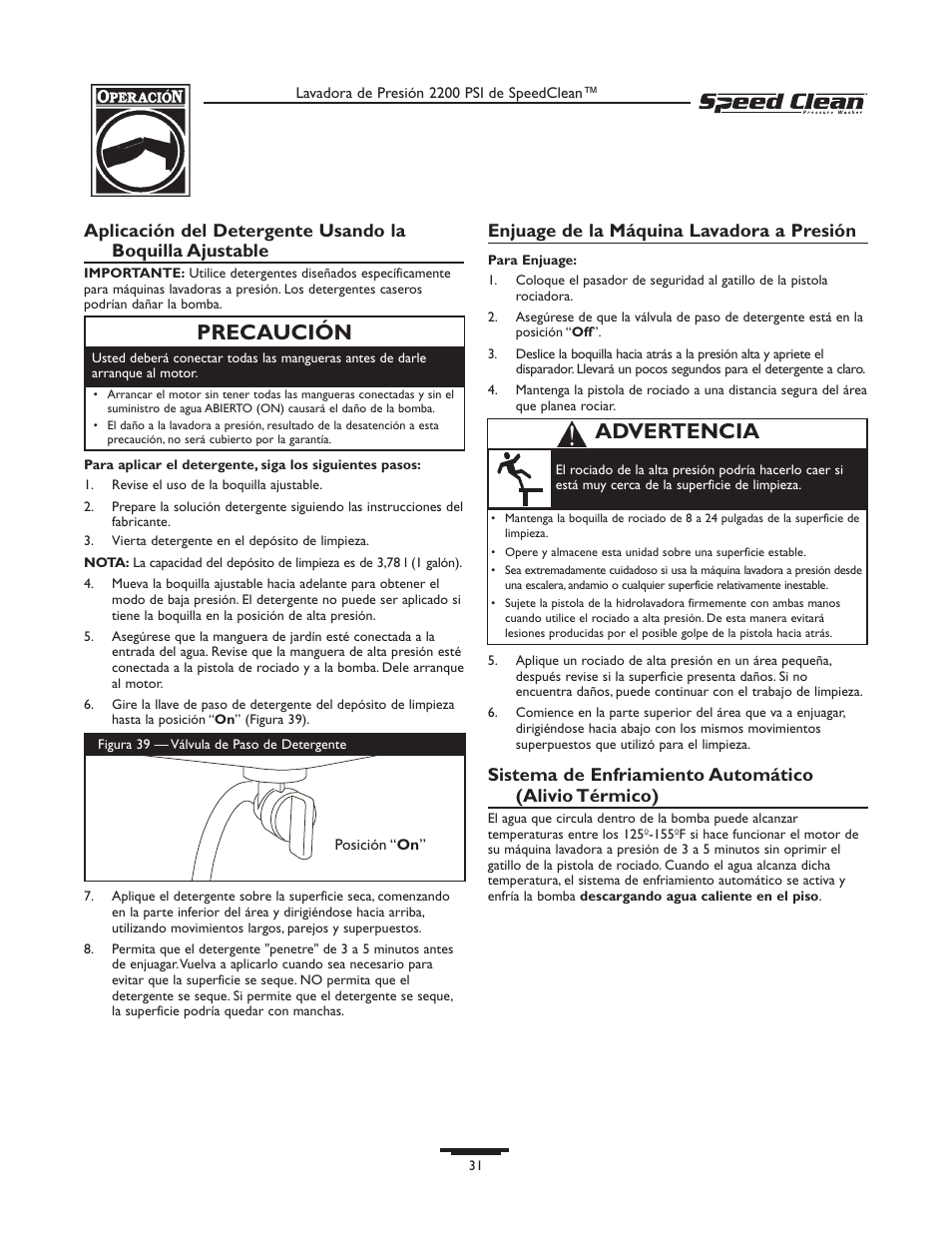 Advertencia precaución, Enjuage de la máquina lavadora a presión | Briggs & Stratton 020261-0 User Manual | Page 31 / 36