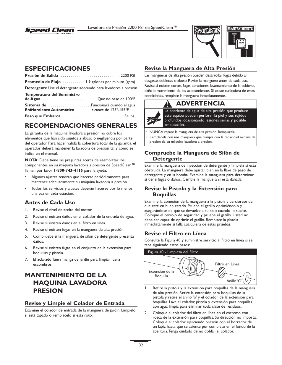 Especificaciones, Recomendaciones generales, Mantenimiento de la maquina lavadora presion | Advertencia | Briggs & Stratton 020261-0 User Manual | Page 32 / 36