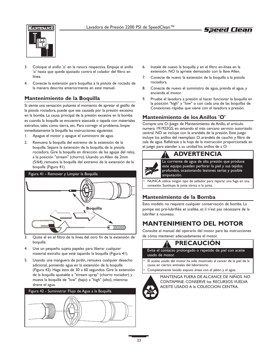 Mantenimiento del motor, Advertencia, Precaución | Mantenimiento de la boquilla, Mantenimiento de los anillos 'o, Mantenimiento de la bomba | Briggs & Stratton 020261-0 User Manual | Page 33 / 36