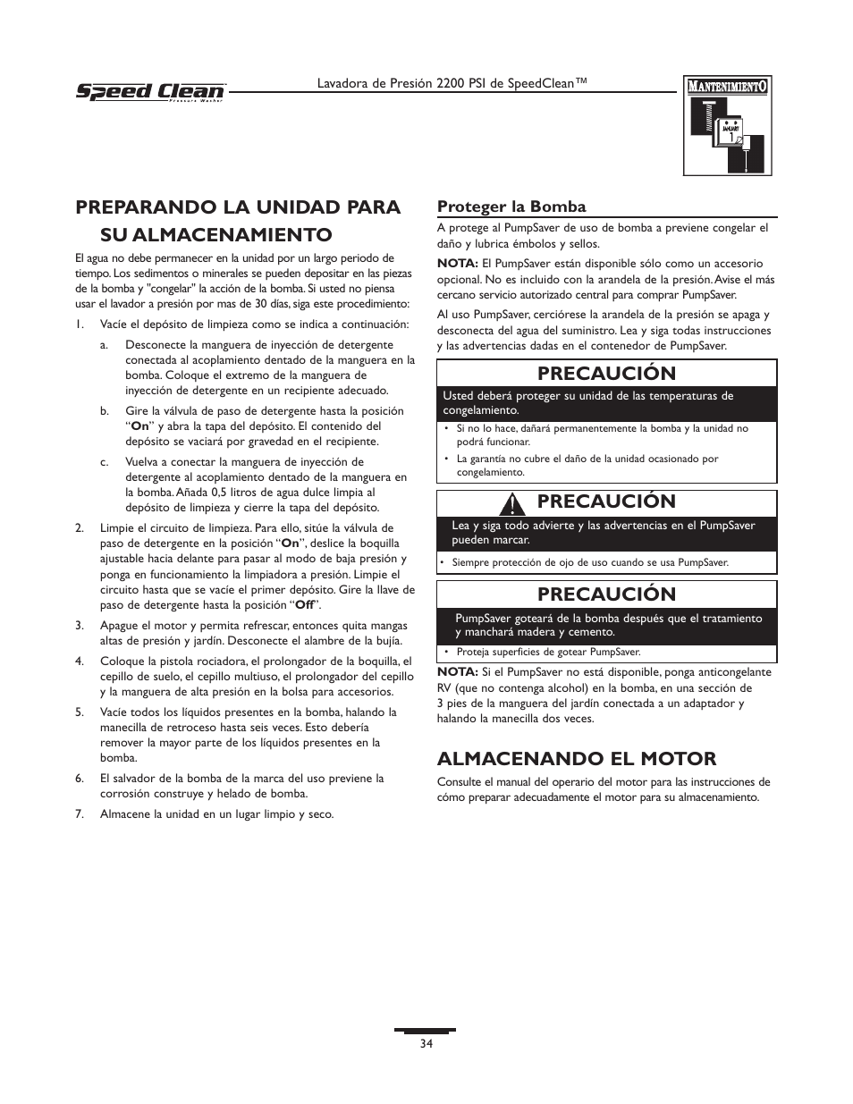 Preparando la unidad para su almacenamiento, Almacenando el motor, Precaución | Briggs & Stratton 020261-0 User Manual | Page 34 / 36