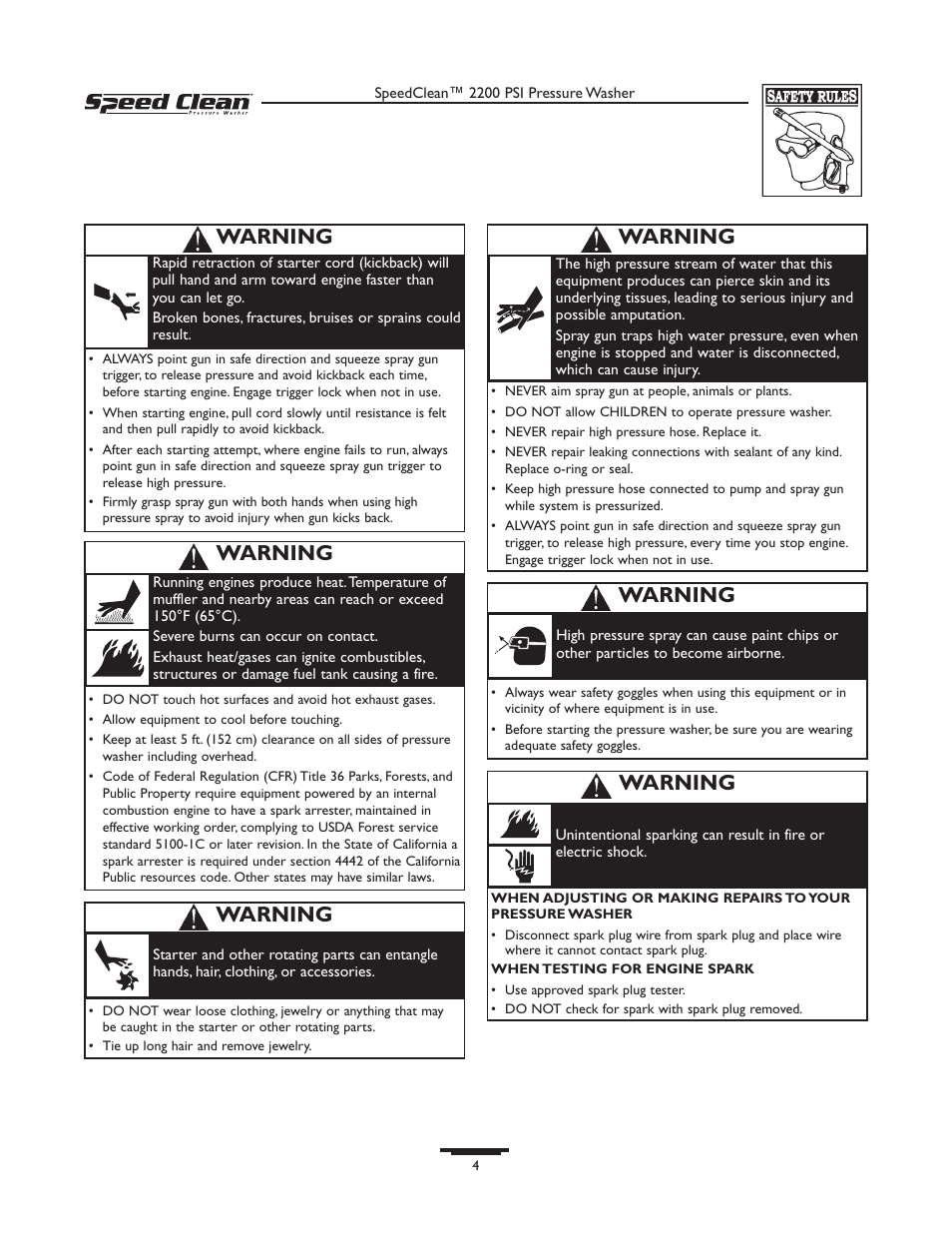 Warning | Briggs & Stratton 020261-0 User Manual | Page 4 / 36