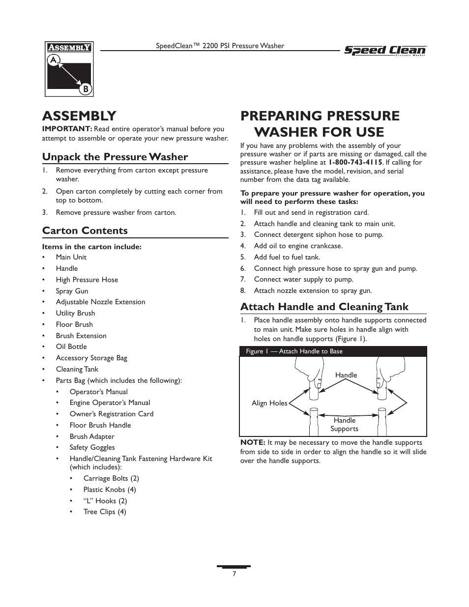 Assembly, Preparing pressure washer for use, Unpack the pressure washer | Carton contents, Attach handle and cleaning tank | Briggs & Stratton 020261-0 User Manual | Page 7 / 36