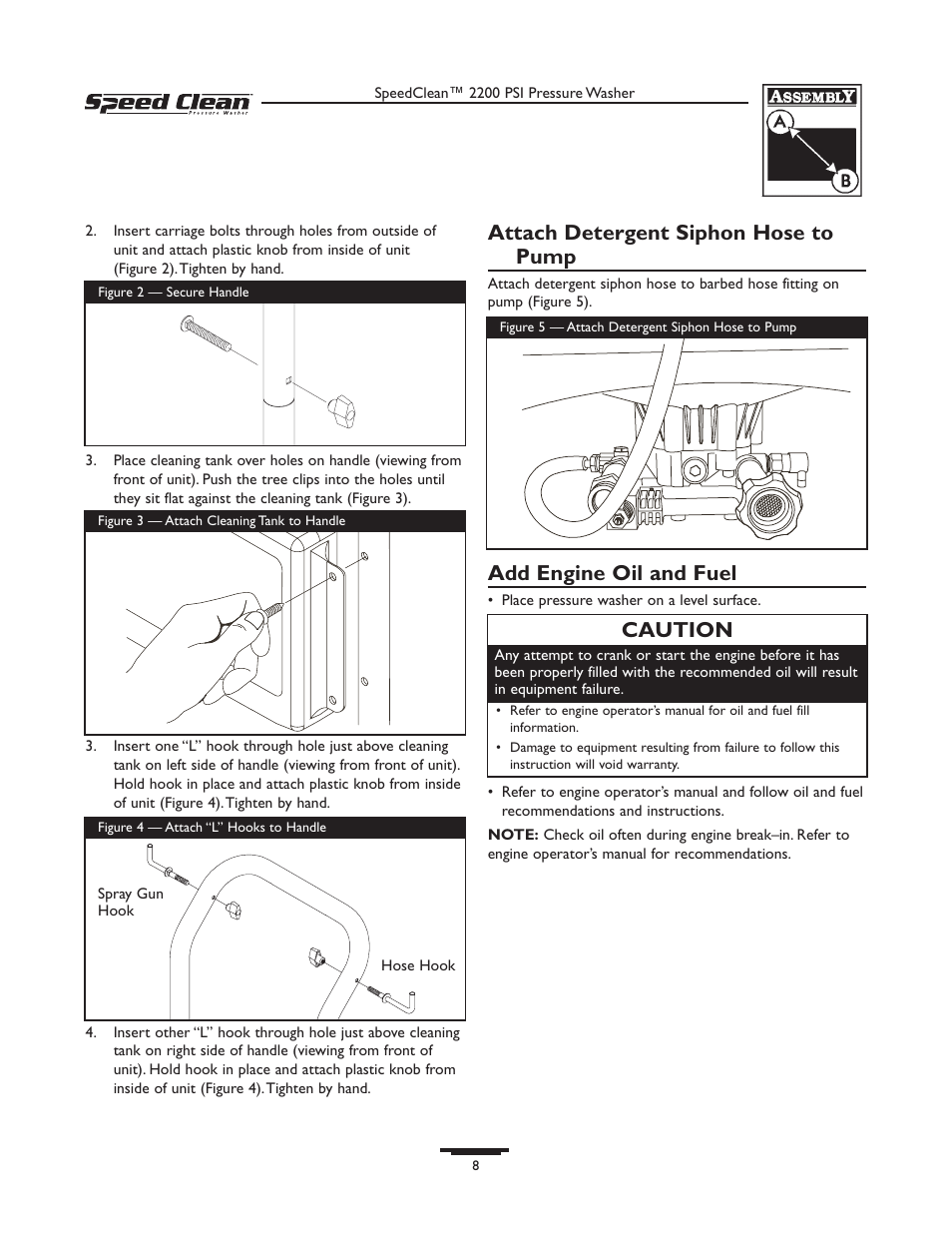 Attach detergent siphon hose to pump, Add engine oil and fuel, Caution | Briggs & Stratton 020261-0 User Manual | Page 8 / 36