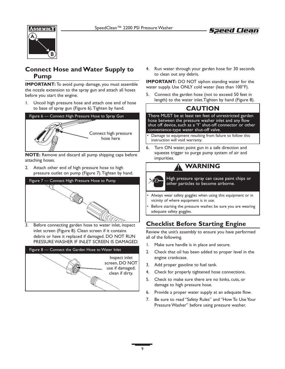 Connect hose and water supply to pump, Checklist before starting engine, Caution | Warning | Briggs & Stratton 020261-0 User Manual | Page 9 / 36