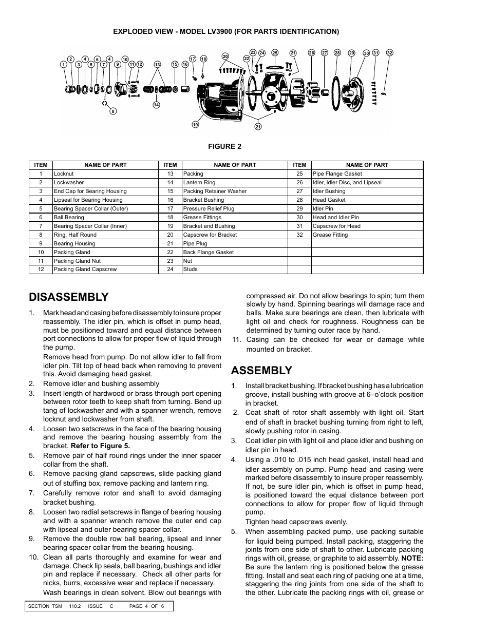 Disassembly, Assembly | Viking Pump TSM110.2: Heavy Duty LV3900 User Manual | Page 4 / 6