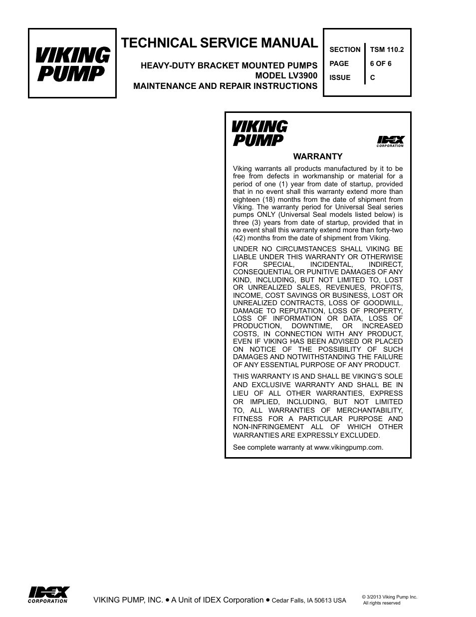 Technical service manual | Viking Pump TSM110.2: Heavy Duty LV3900 User Manual | Page 6 / 6