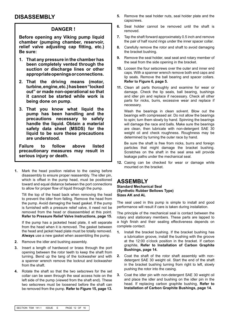 Disassembly, Assembly | Viking Pump TSM141.1: G-LL 125/4125 User Manual | Page 12 / 16