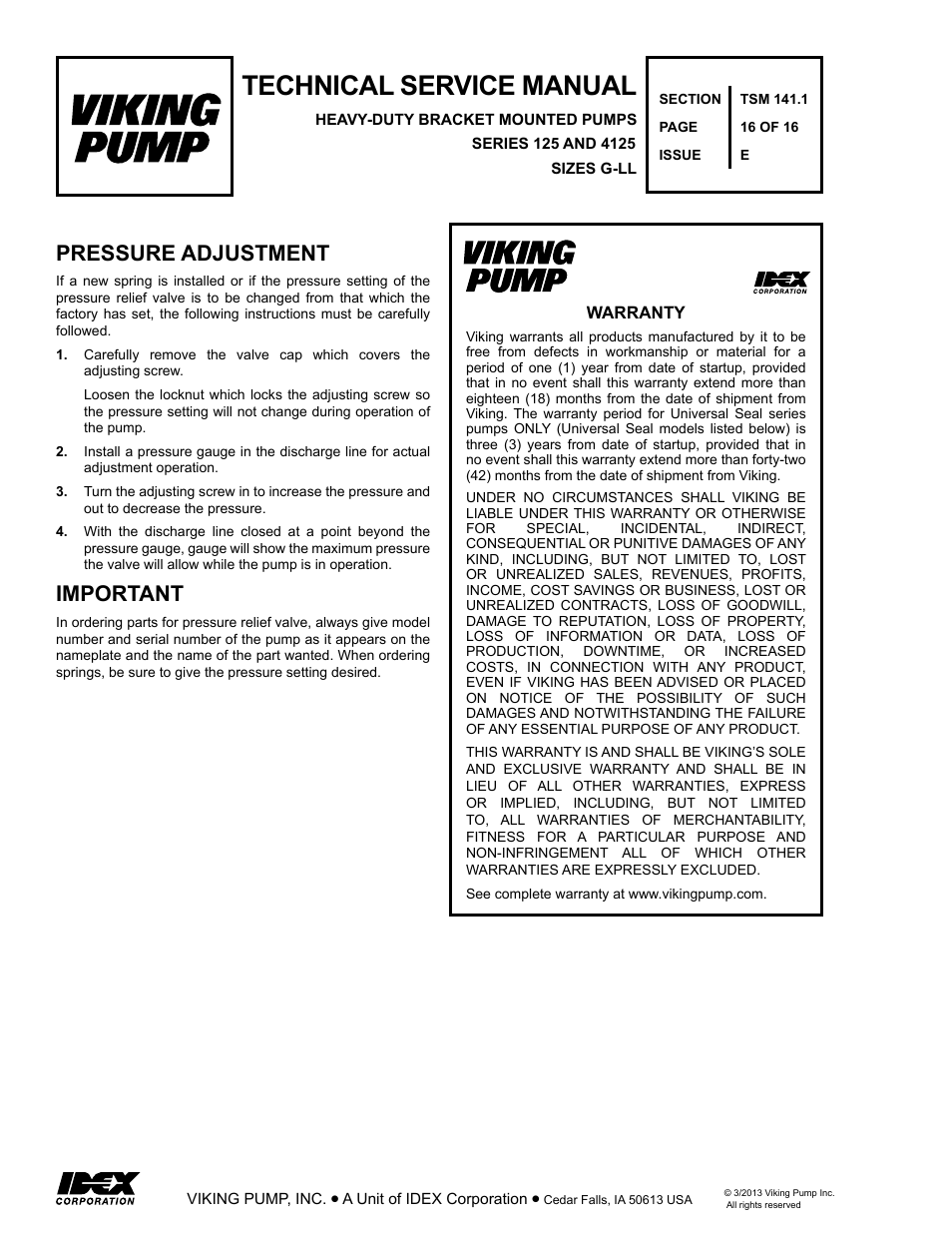 Technical service manual, Pressure adjustment important | Viking Pump TSM141.1: G-LL 125/4125 User Manual | Page 16 / 16